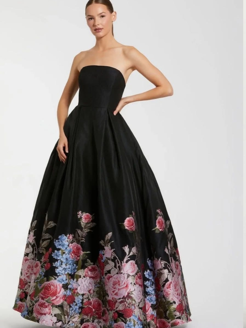 Mac Duggal Black Strapless Ball Gown with Pink & Blue Floral Hem